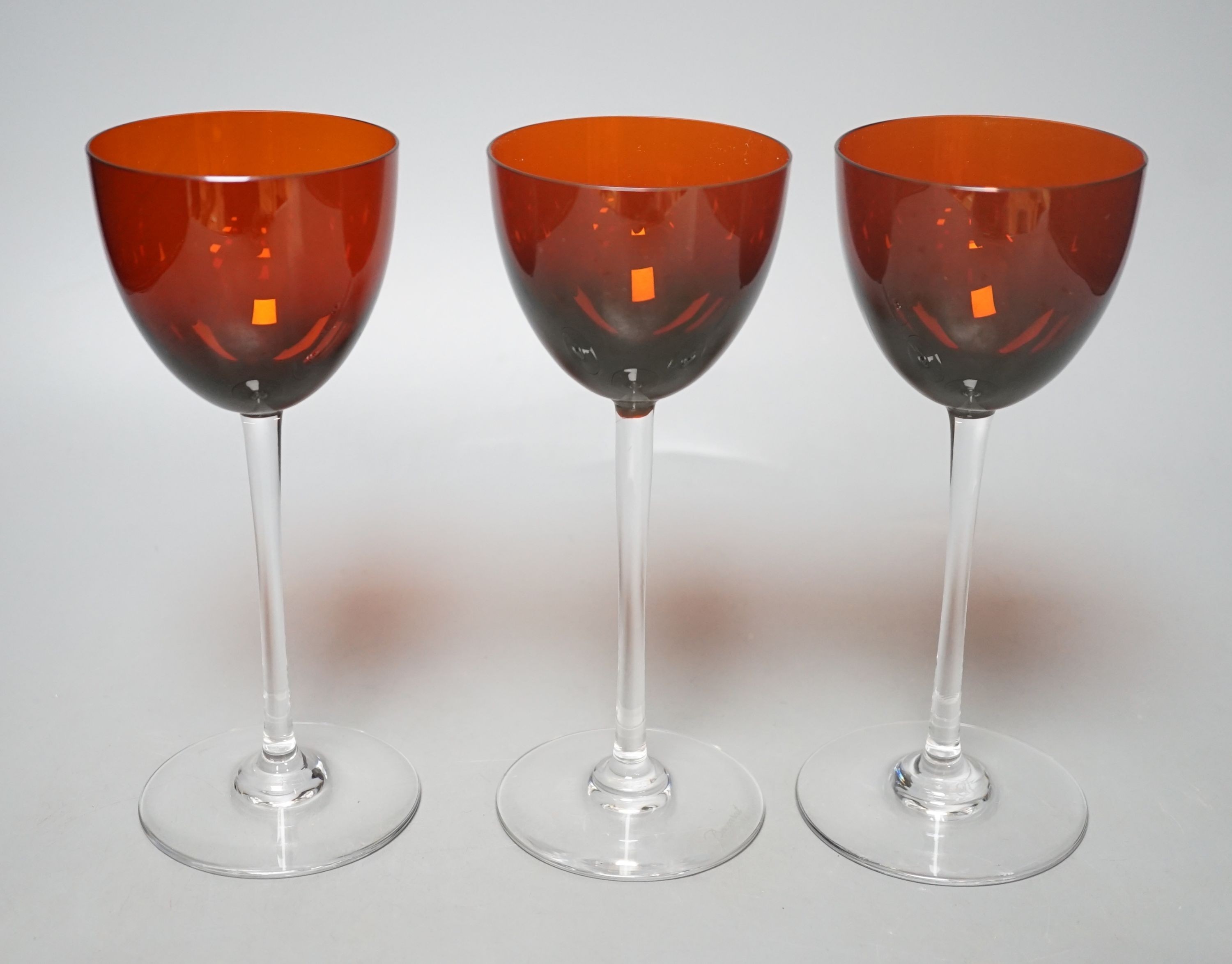 Suite of 14 Baccarat Rhine wine amber glasses, one boxed.